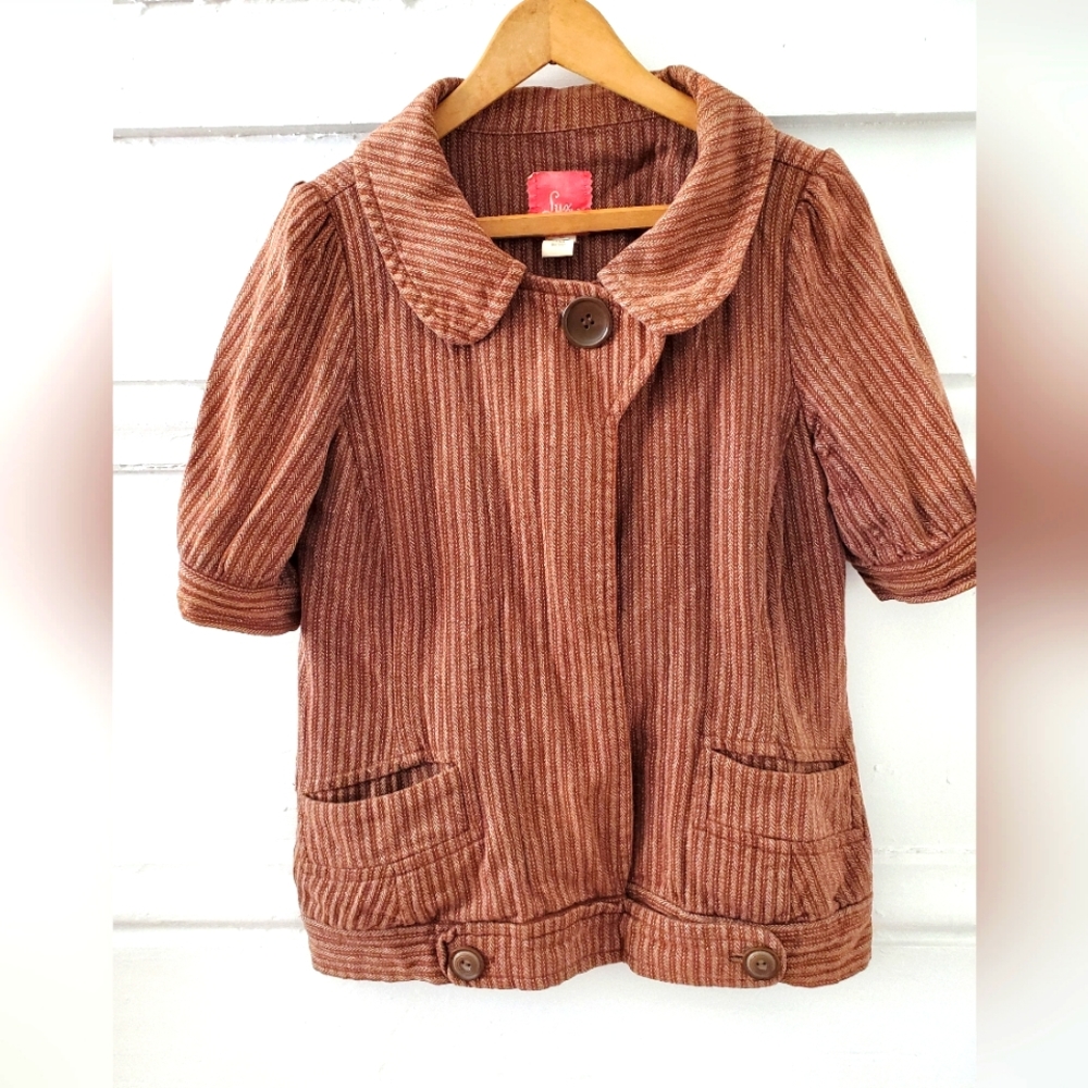 Lux mod brown dark orange short-sleeved striped jacket peter pan collar